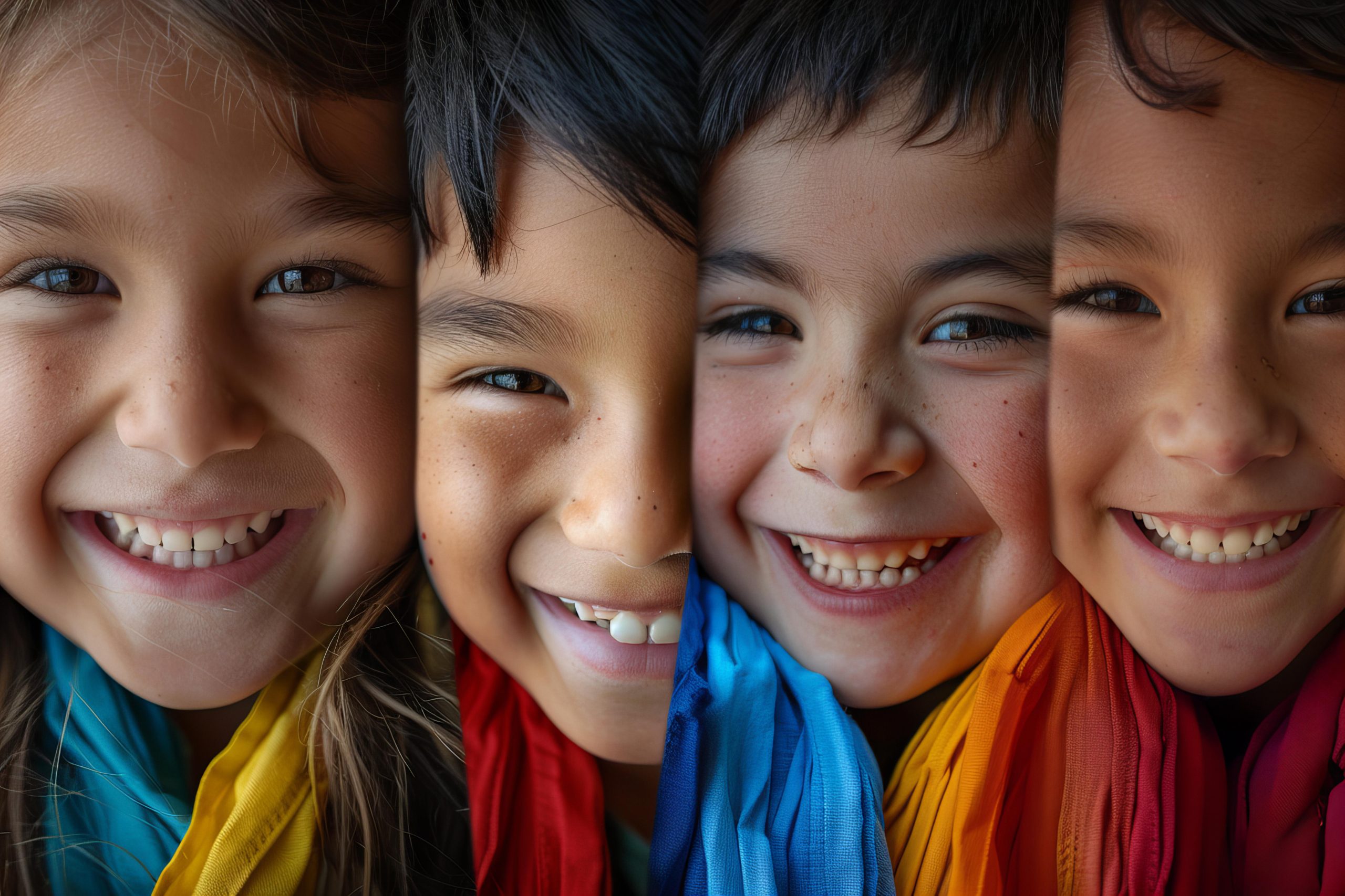 children with different colors smile from different angles, in the style of digitally manipulated images, ashcan school, soft focus portraits, humanistic empathy, flickr, 8k resolution, close up, --ar 3:2 --style raw